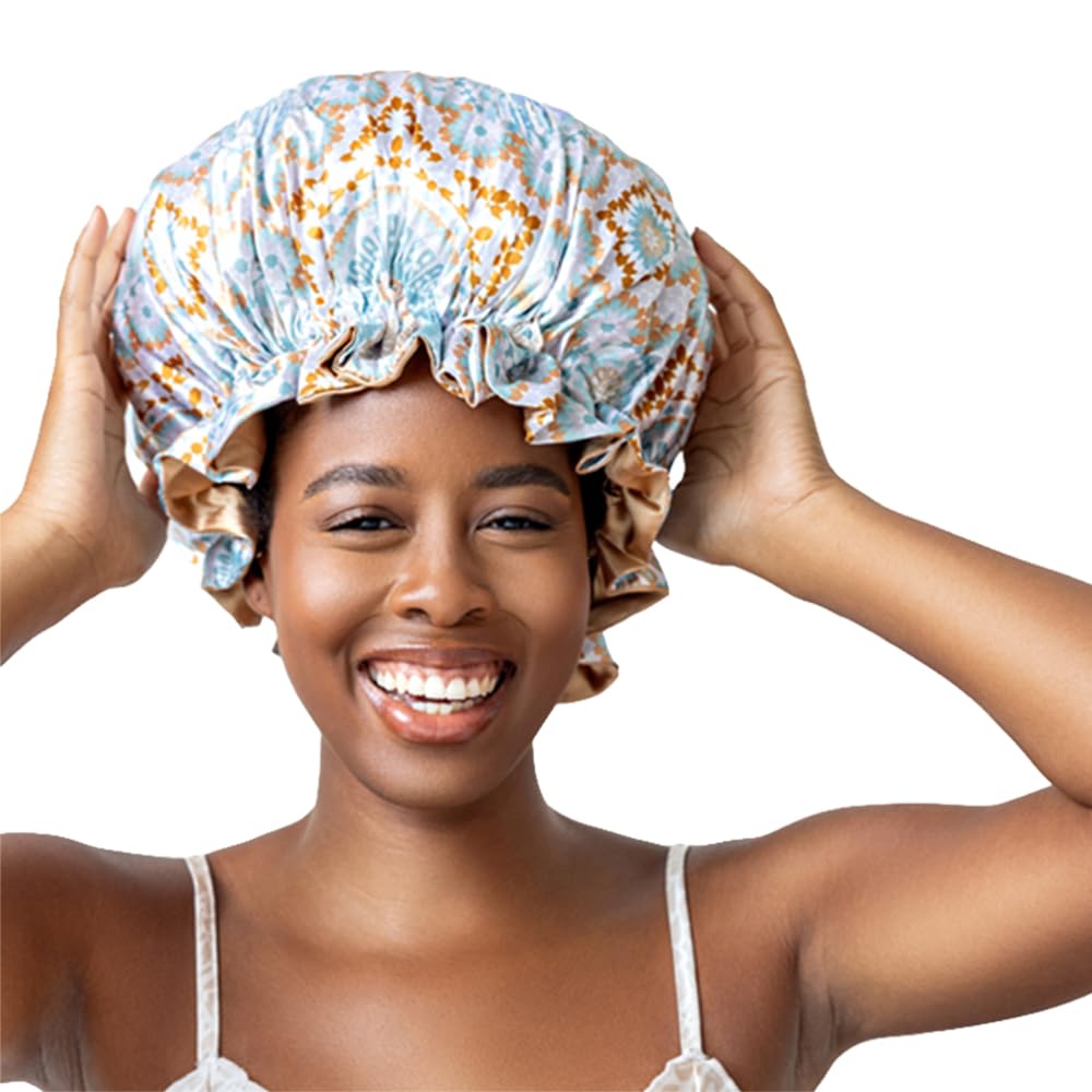 Bounce Curl reversible satin hair bonnet with two patterns to protect waves overnight