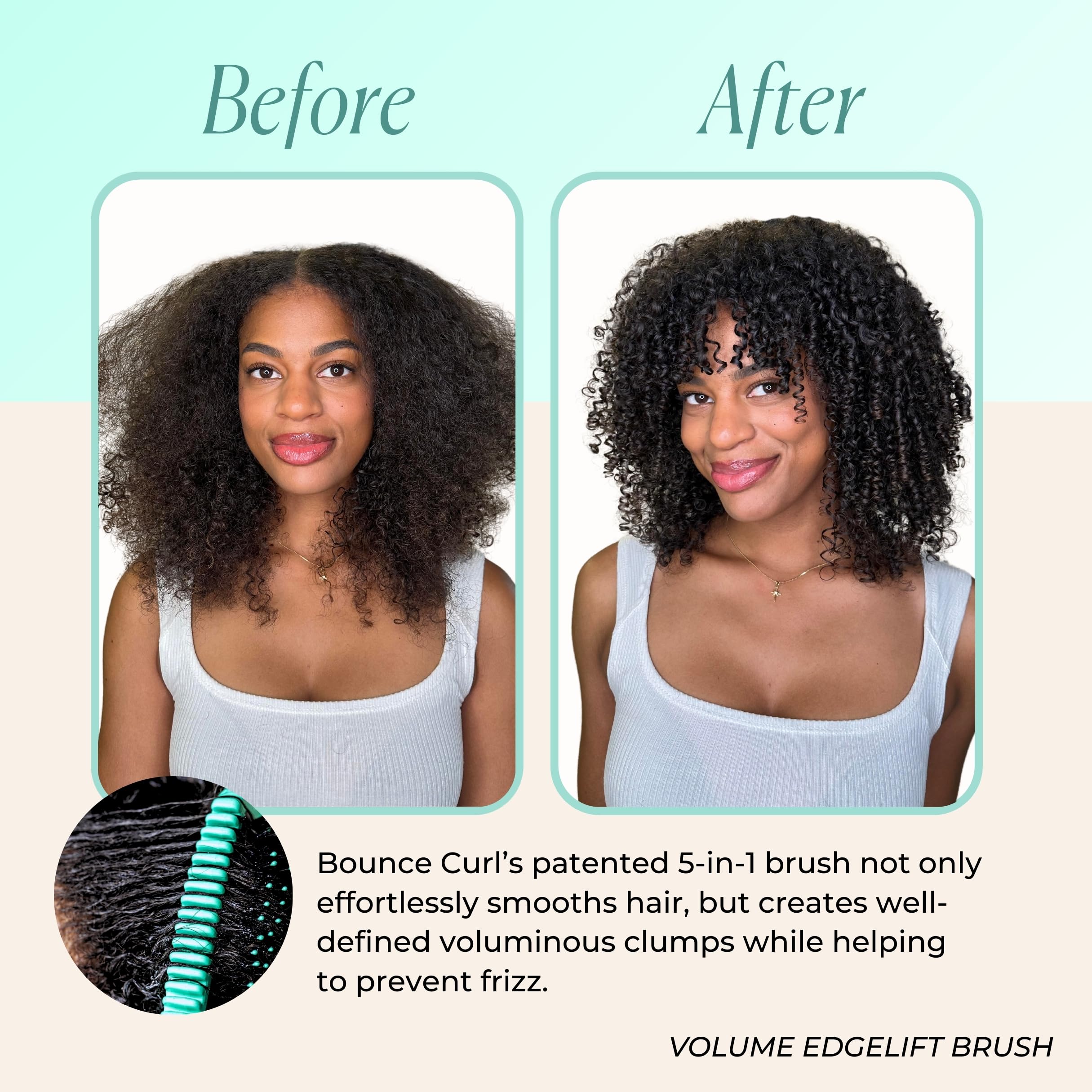 Bounce Curl Volume EdgeLift Brush bangs styling with top edge for lower volume.