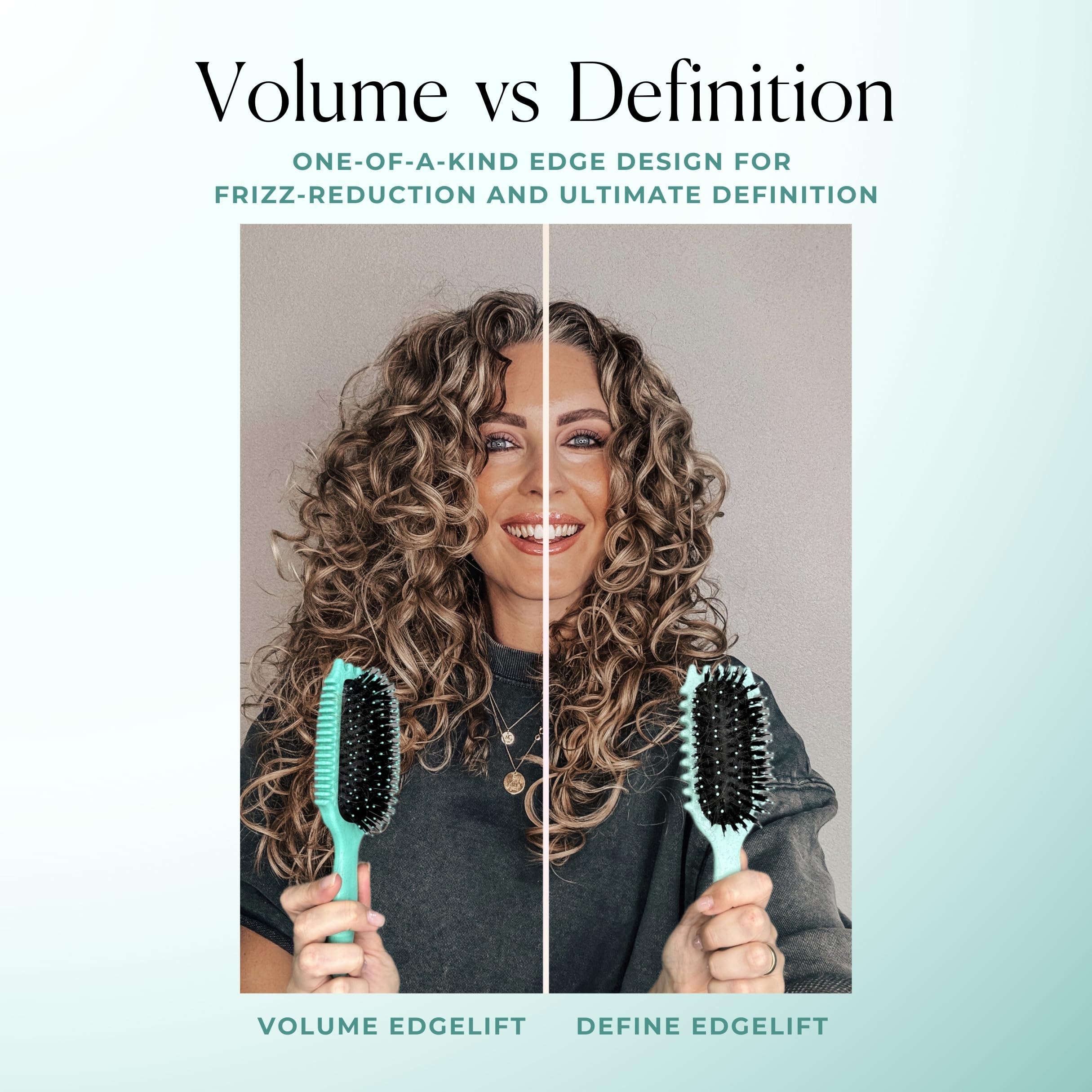 Bounce Curl Volume EdgeLift Brush teal handle and vegan bristles provide smooth styling.