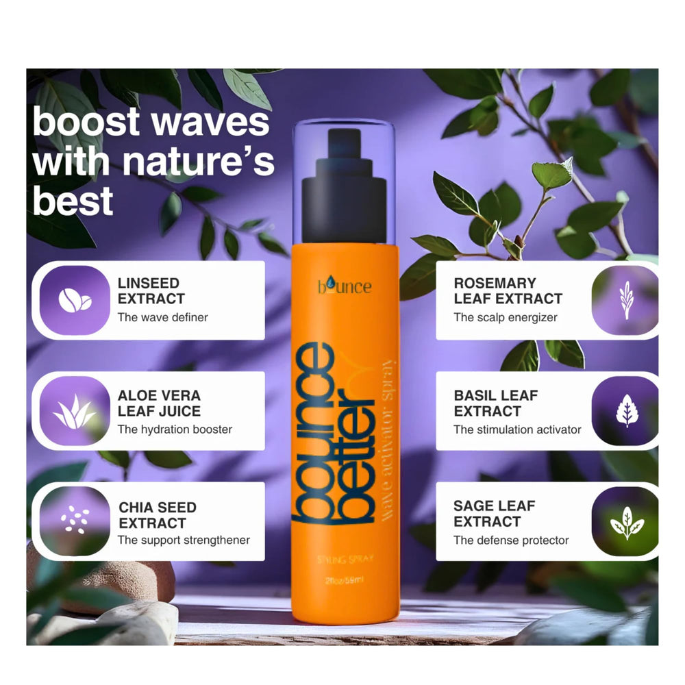 BOUNCE STYLE Bounce Better Wave Activator smooths split ends when used on damp hair.