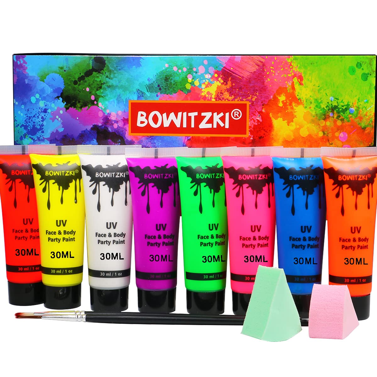 Bowitzki Pintura Neon UV para rostro y cuerpo con 8 tubos de 30 ml.