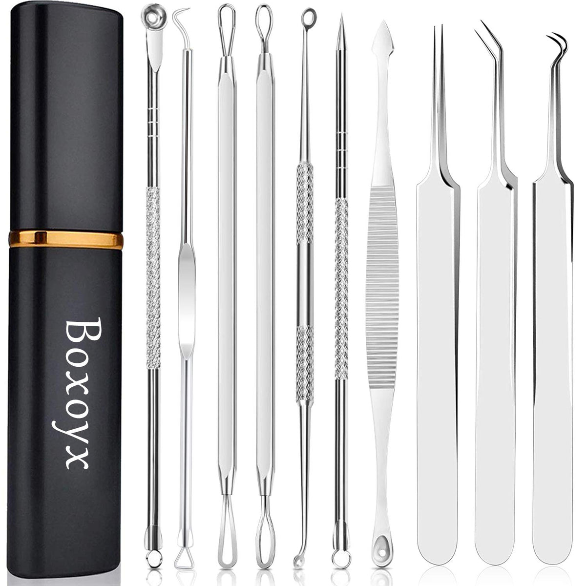 Boxoyx pimple popper tool kit in metal case for easy at-home blemish care.