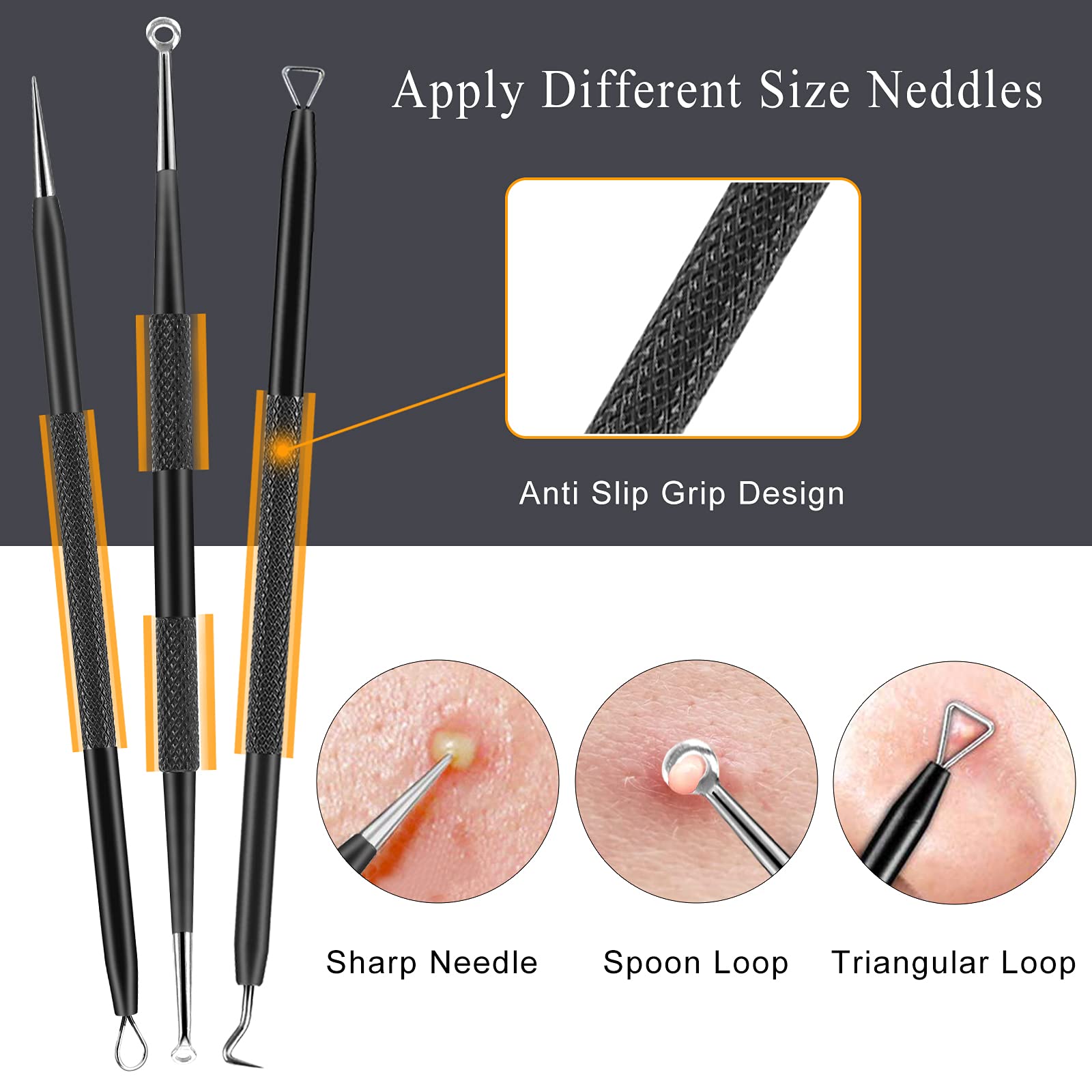 Boxoyx pimple popper tools close-up showcasing varied tips for different blemishes.