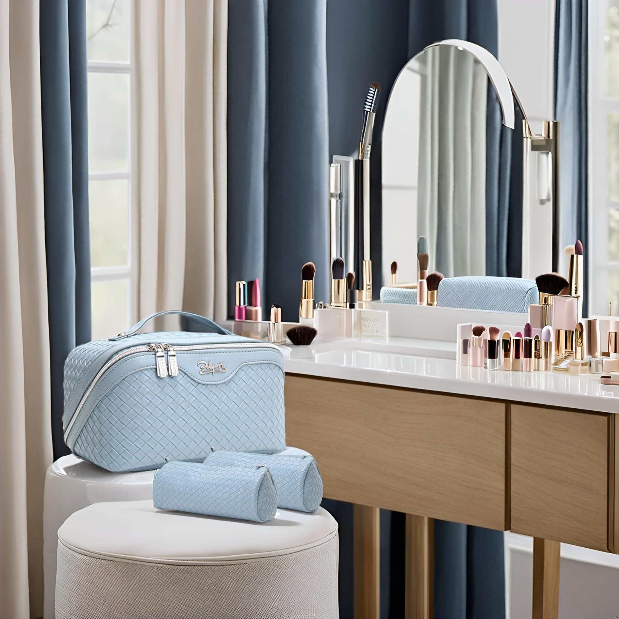 BOYATU light-blue compact bag in a bathroom scene.