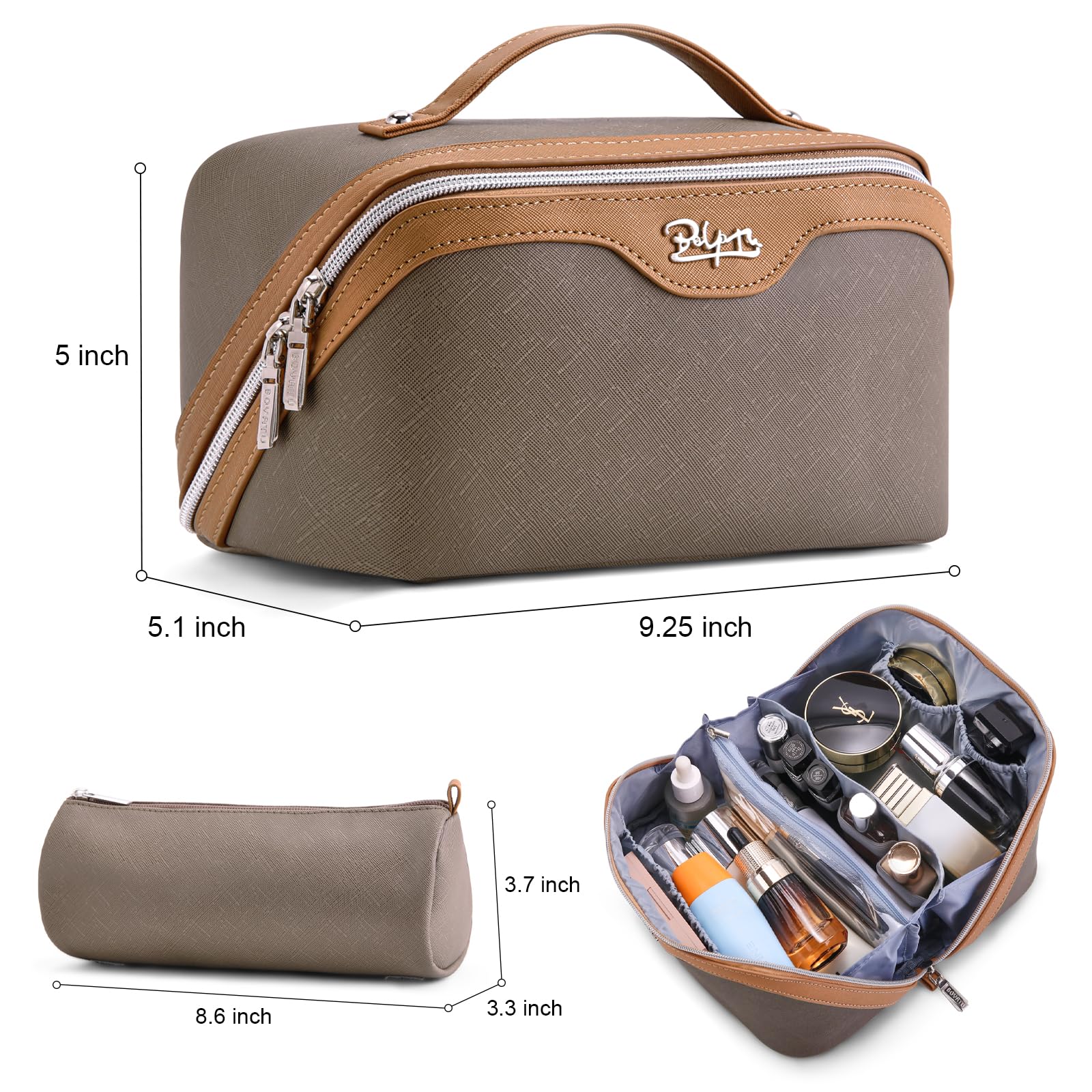 BOYATU large-capacity cosmetics bag in grey holds lipsticks, brushes, and palettes for trips.