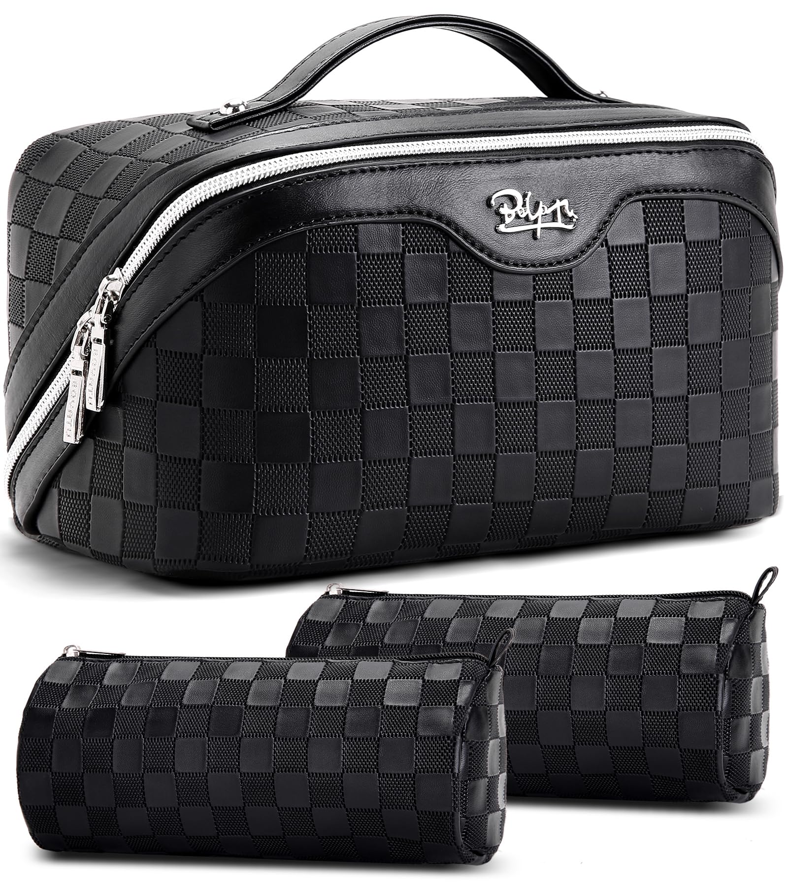 BOYATU travel makeup bag front view with organized compartments for easy packing