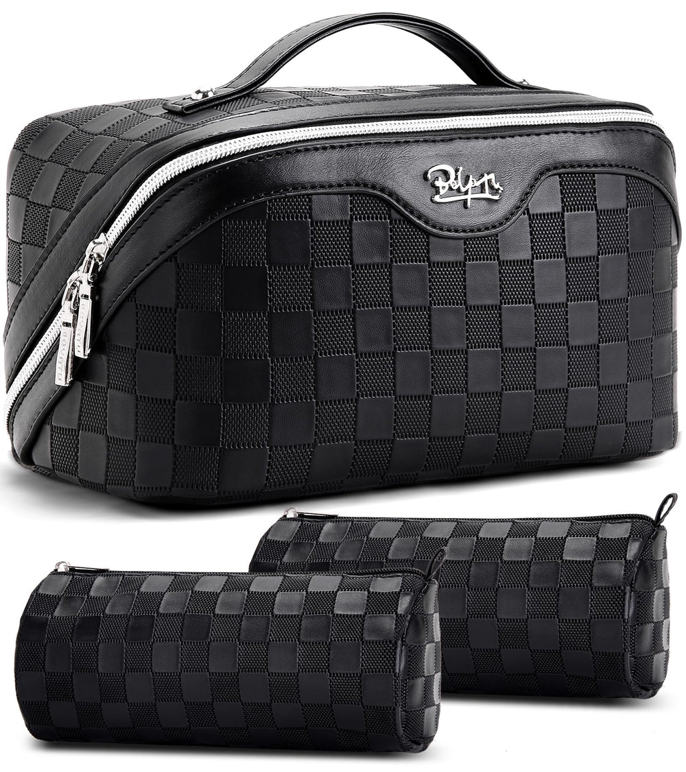BOYATU travel makeup bag front view with organized compartments for easy packing
