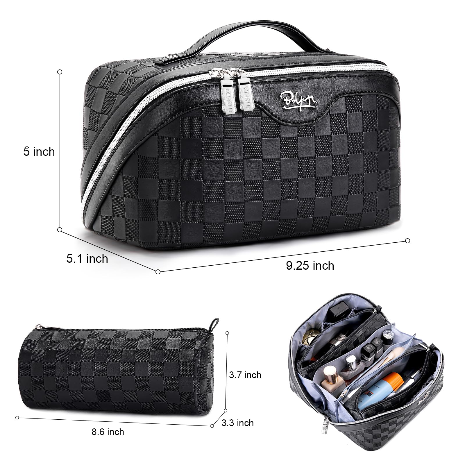 BOYATU cosmetic bag interior with multiple compartments keeps cosmetics neatly separated