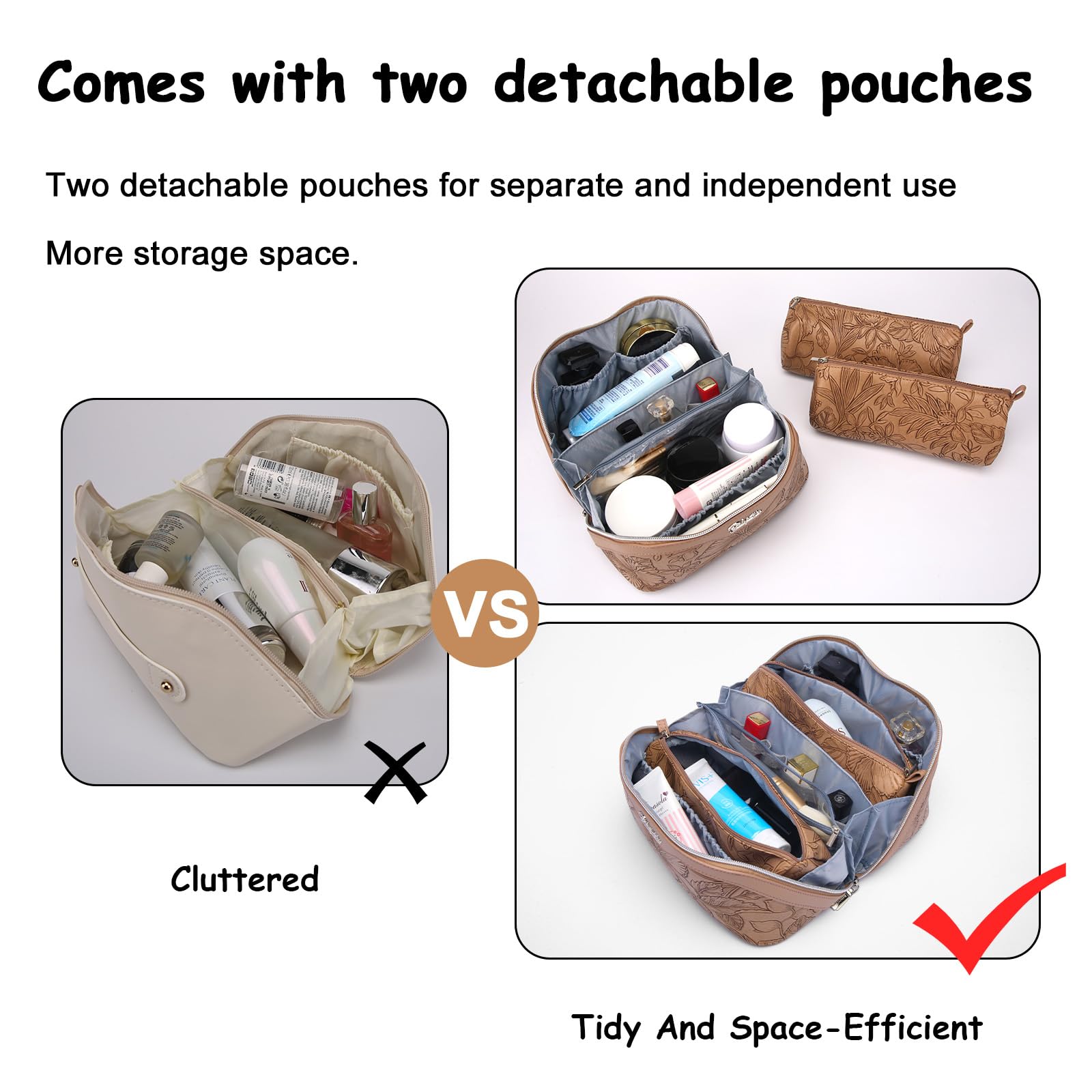 Boyatu travel makeup bag interior with divider enables easy separation of skincare and cosmetics