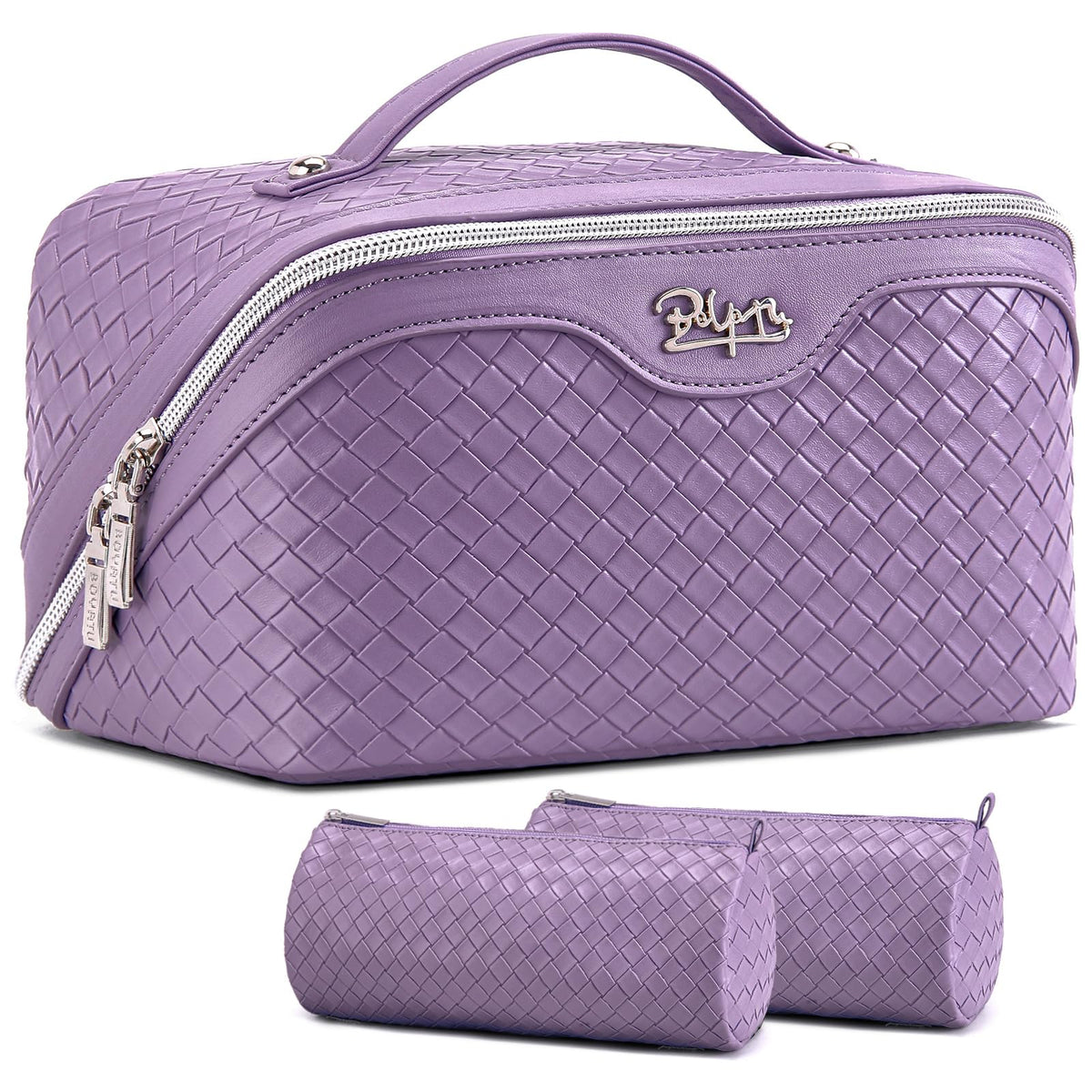 BOYATU L01 purple travel makeup bag, front view, stylish waterproof vegan leather for on-the-go beauty.