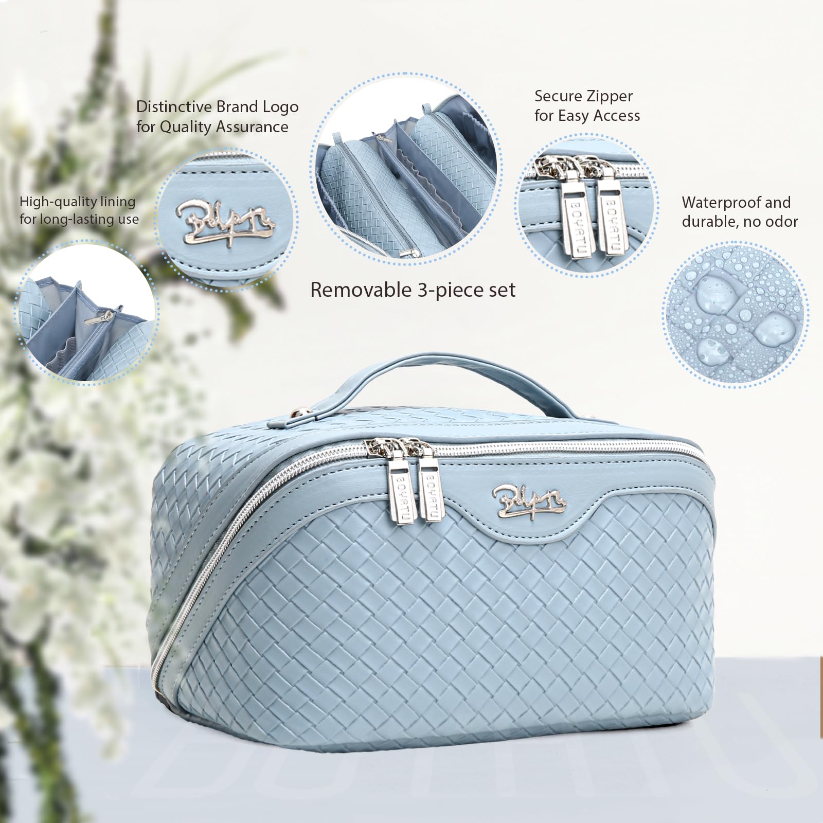 BOYATU light blue bag open compartments showing 3-piece system for easy access.