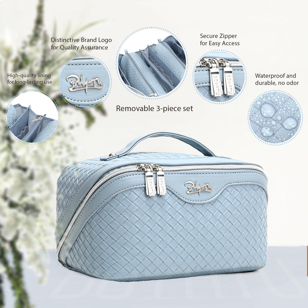 BOYATU light blue bag open compartments showing 3-piece system for easy access.