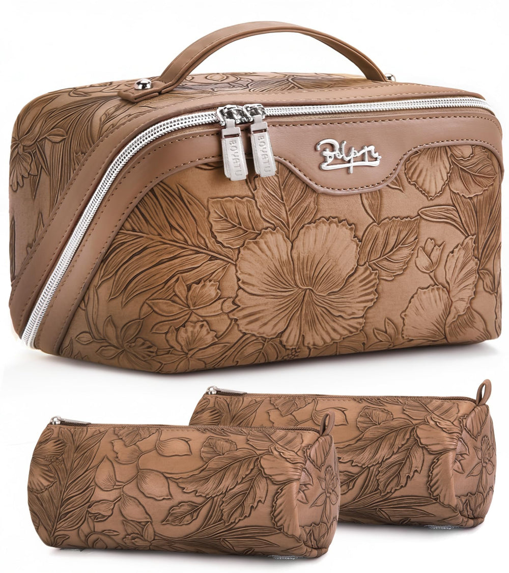 Boyatu travel makeup bag set of 3 with floral design keeps cosmetics organized during trips