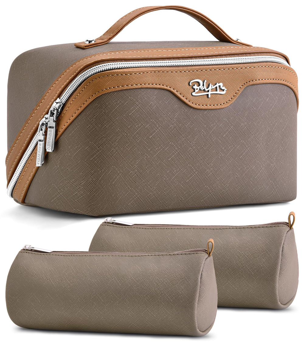 BOYATU travel makeup bag set in grey with handle for easy organization on the go.