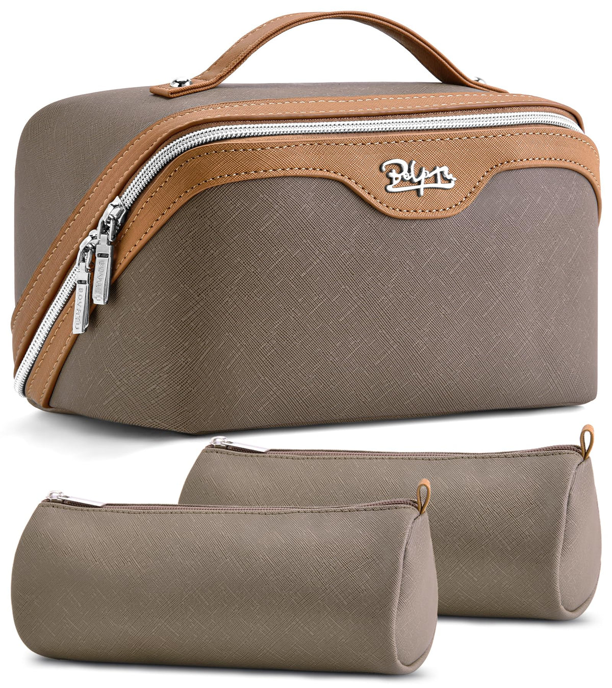 BOYATU travel makeup bag set in grey with handle for easy organization on the go.