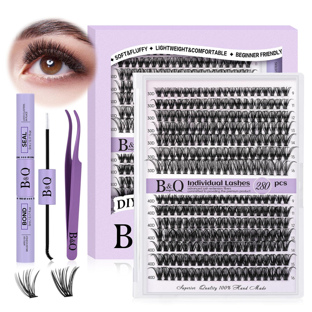 B&Qaugen DIY Lash Extension Kit tray display shows 280 clusters for versatile looks