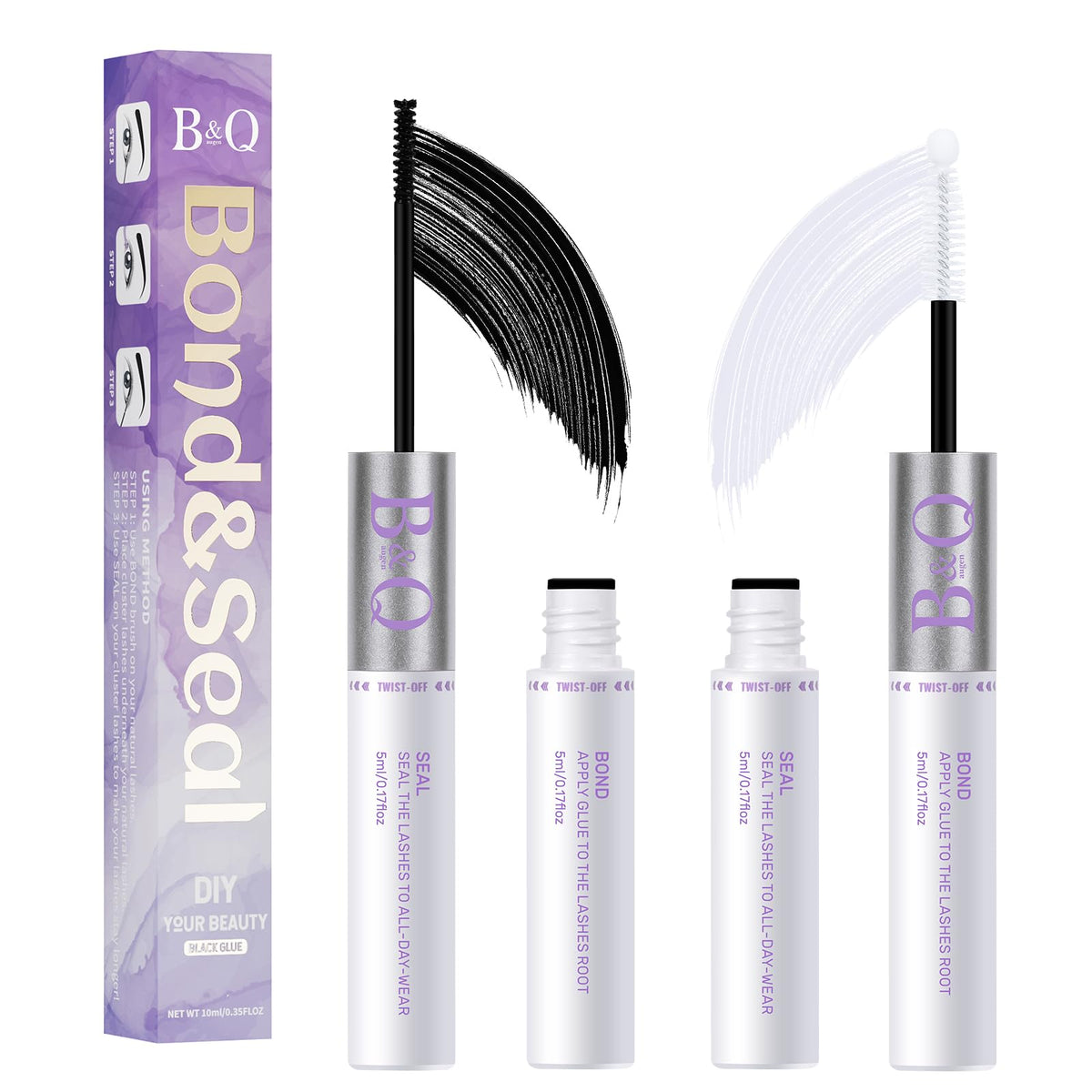 B&Qaugen Lash Bond and Seal bottle showing 2-in-1 formula for lash extensions