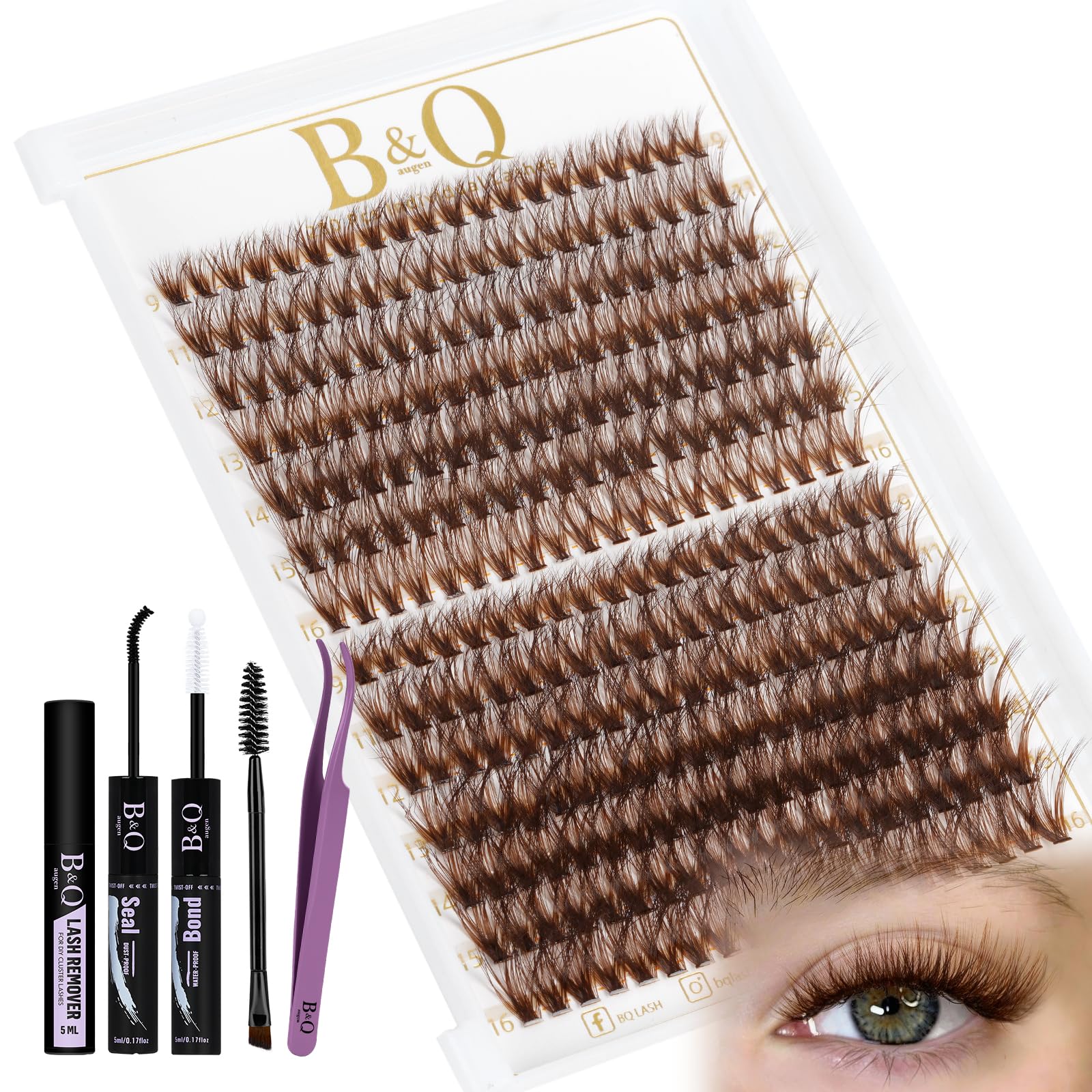 B&Qaugen Mocha brown lash clusters kit cover image for at-home DIY lash extensions