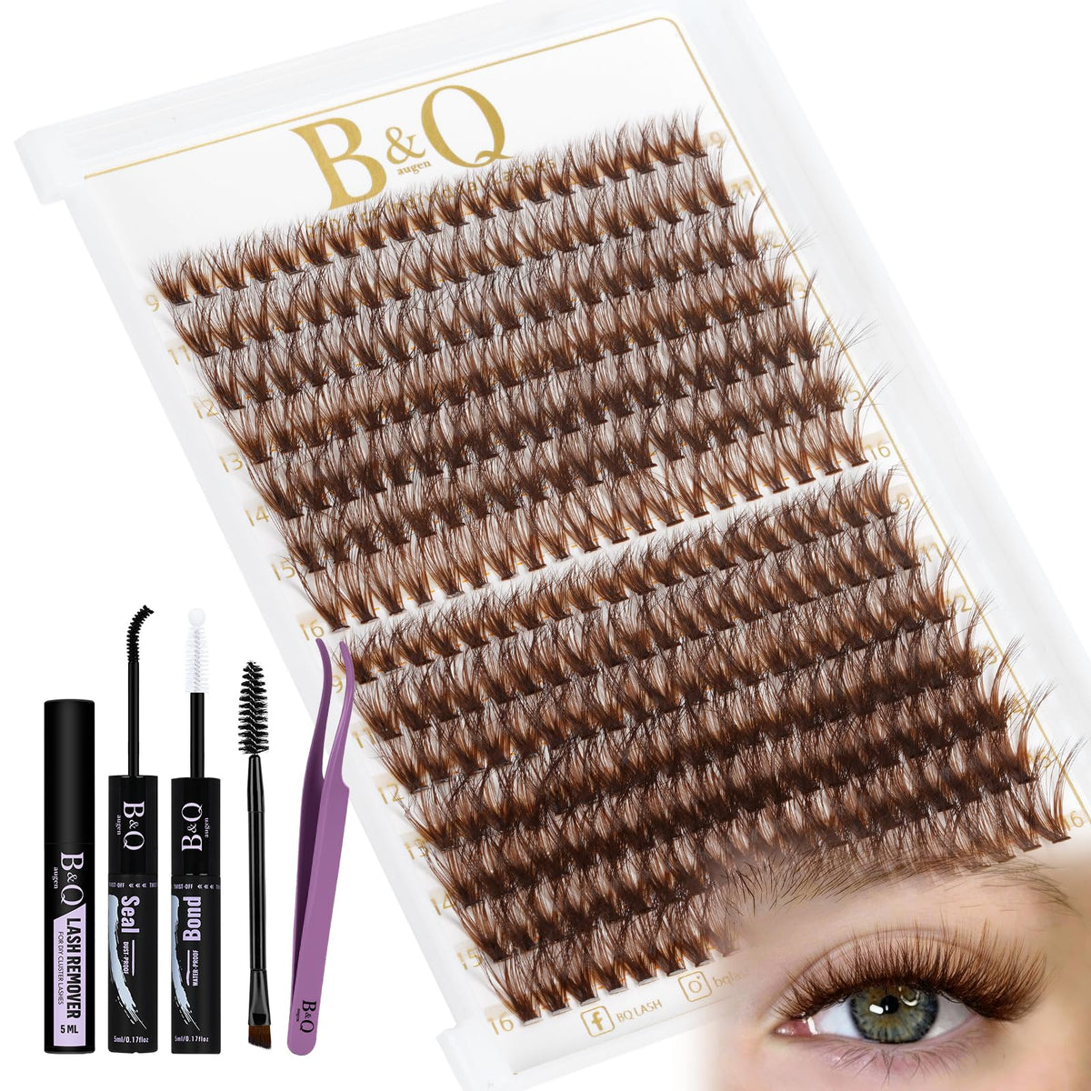 B&Qaugen Mocha brown lash clusters kit cover image for at-home DIY lash extensions