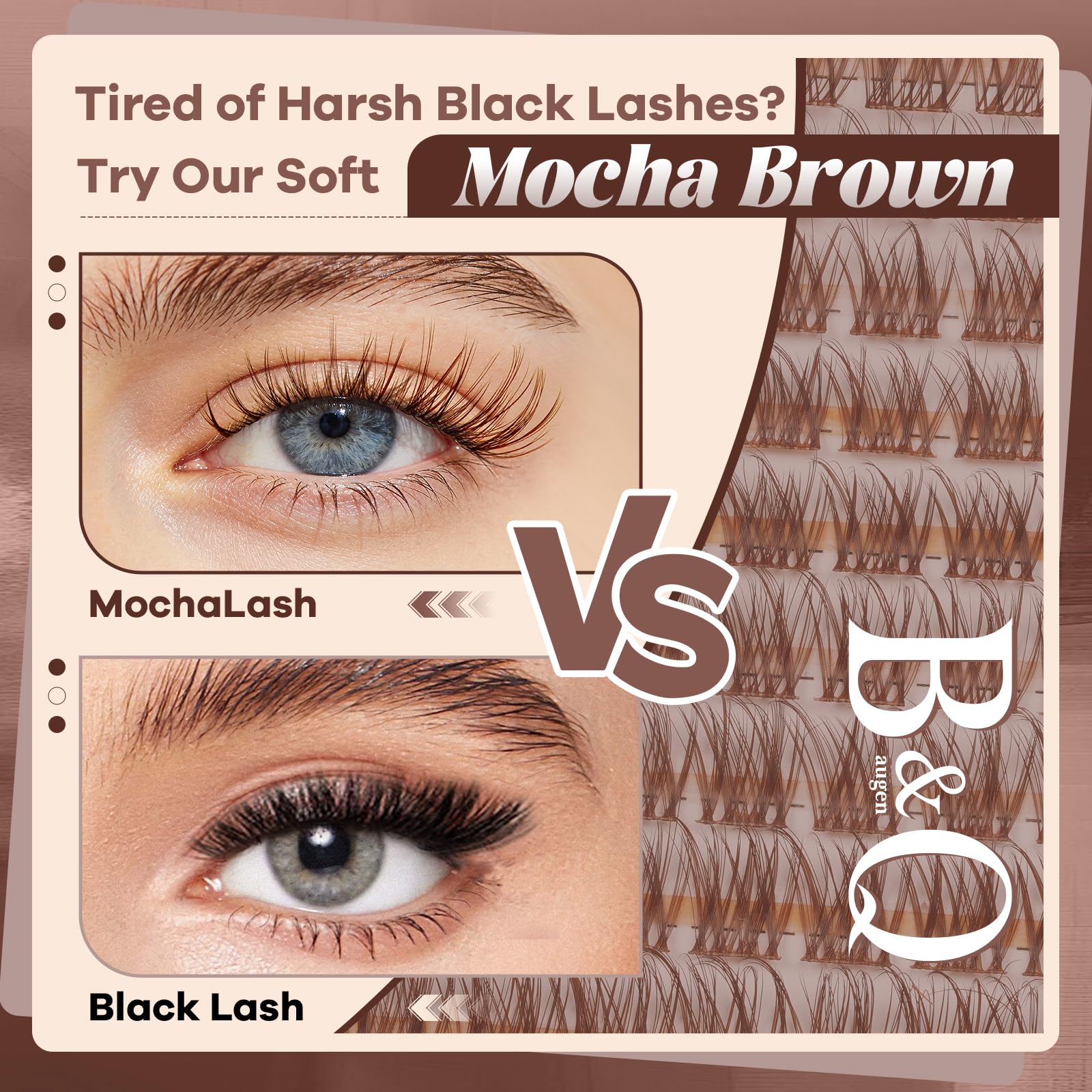 B&Qaugen Mochalash 01 clusters shown in 8-16mm lengths for flexible styling.