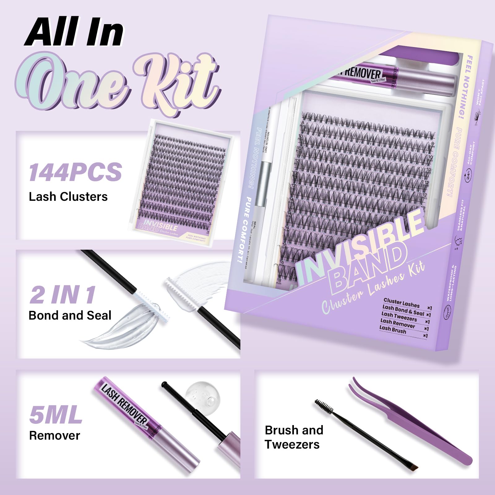 Clear band design for precise lash alignment.