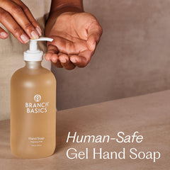Branch Basics Gel Hand Soap bottle on shelf highlights sustainable glass packaging for daily hygiene.