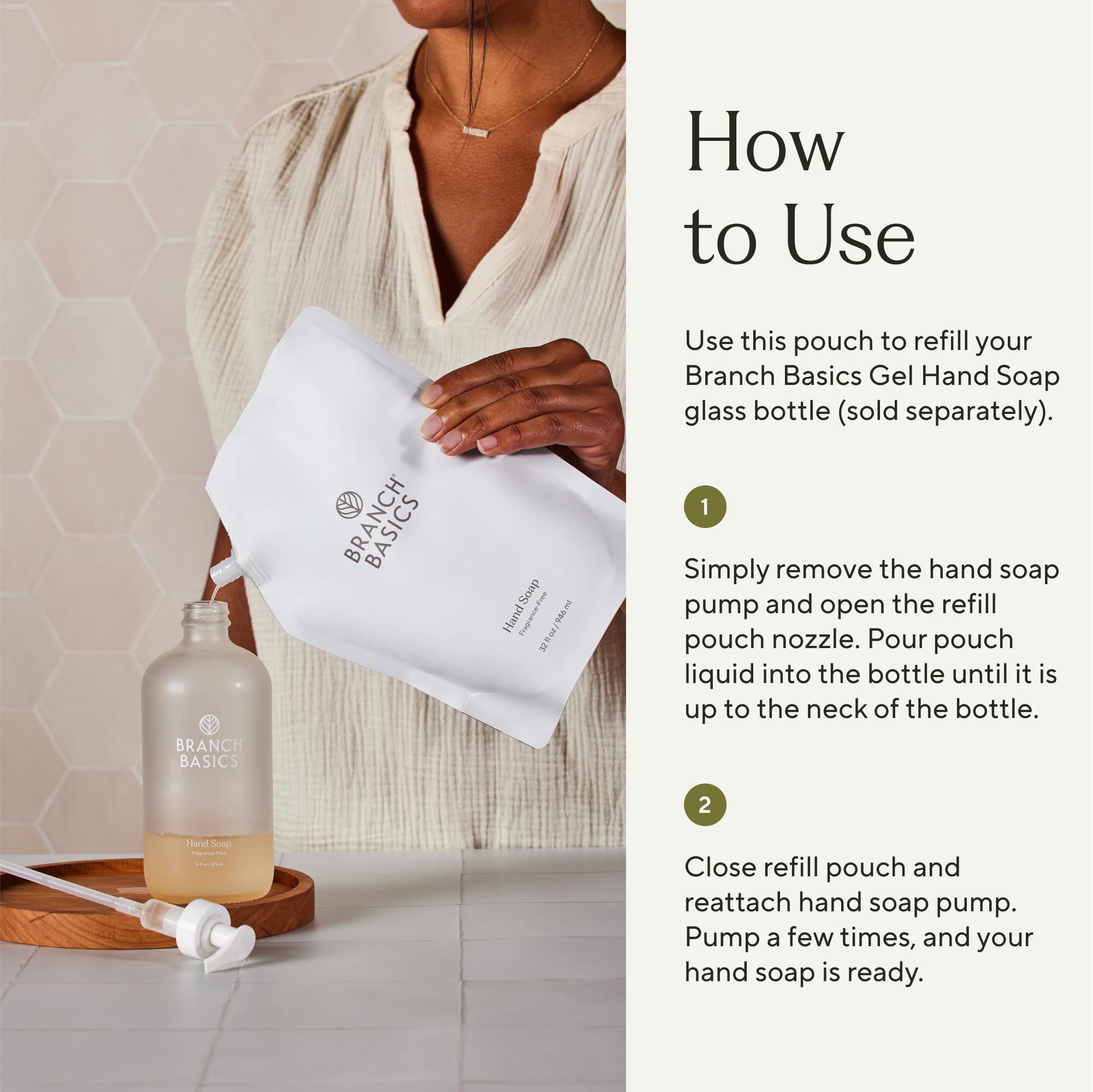 Branch Basics gel hand soap in use for gentle daily hand washing.