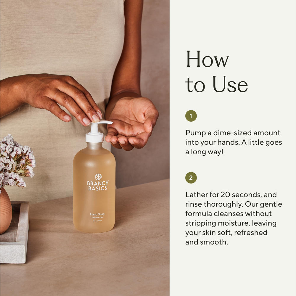 Branch Basics refill glass bottle underscoring sustainable packaging and reuse.