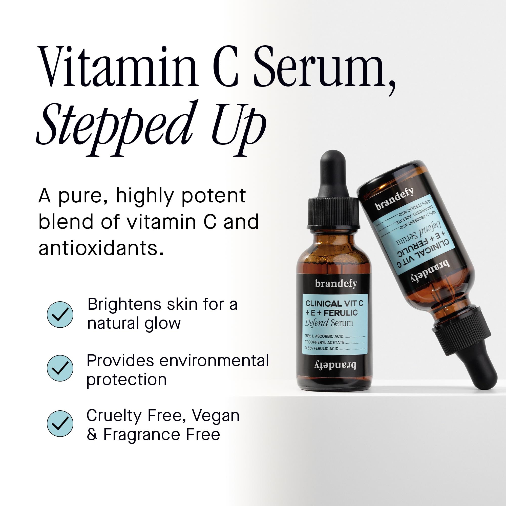 Brandefy dropper close-up showing serum for even tone and brightness.