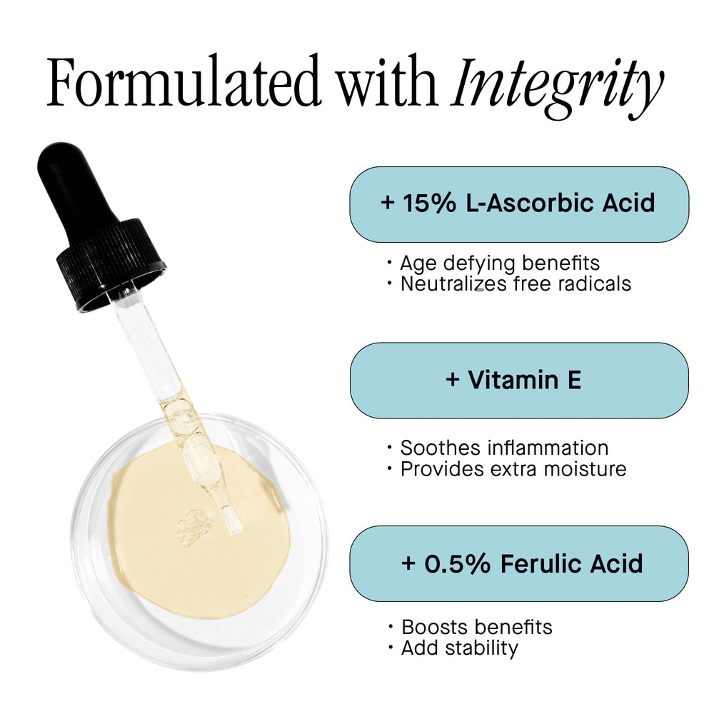 Brandefy Vitamin C serum front-label highlighting 15% vitamin C and ferulic acid.