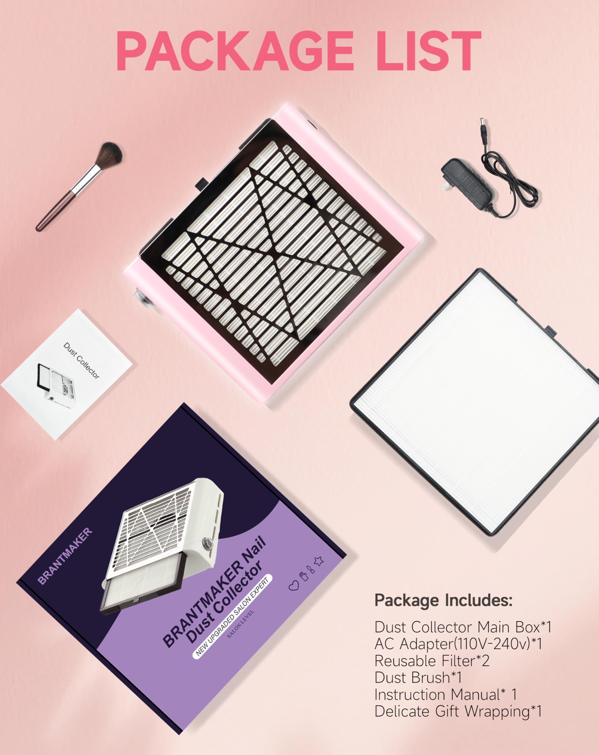 BRANTMAKER compact pink nail dust collector fits small stations.
