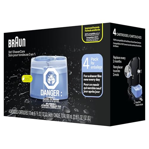 Bottle label highlights alcohol-based cleansing and refreshed blades.