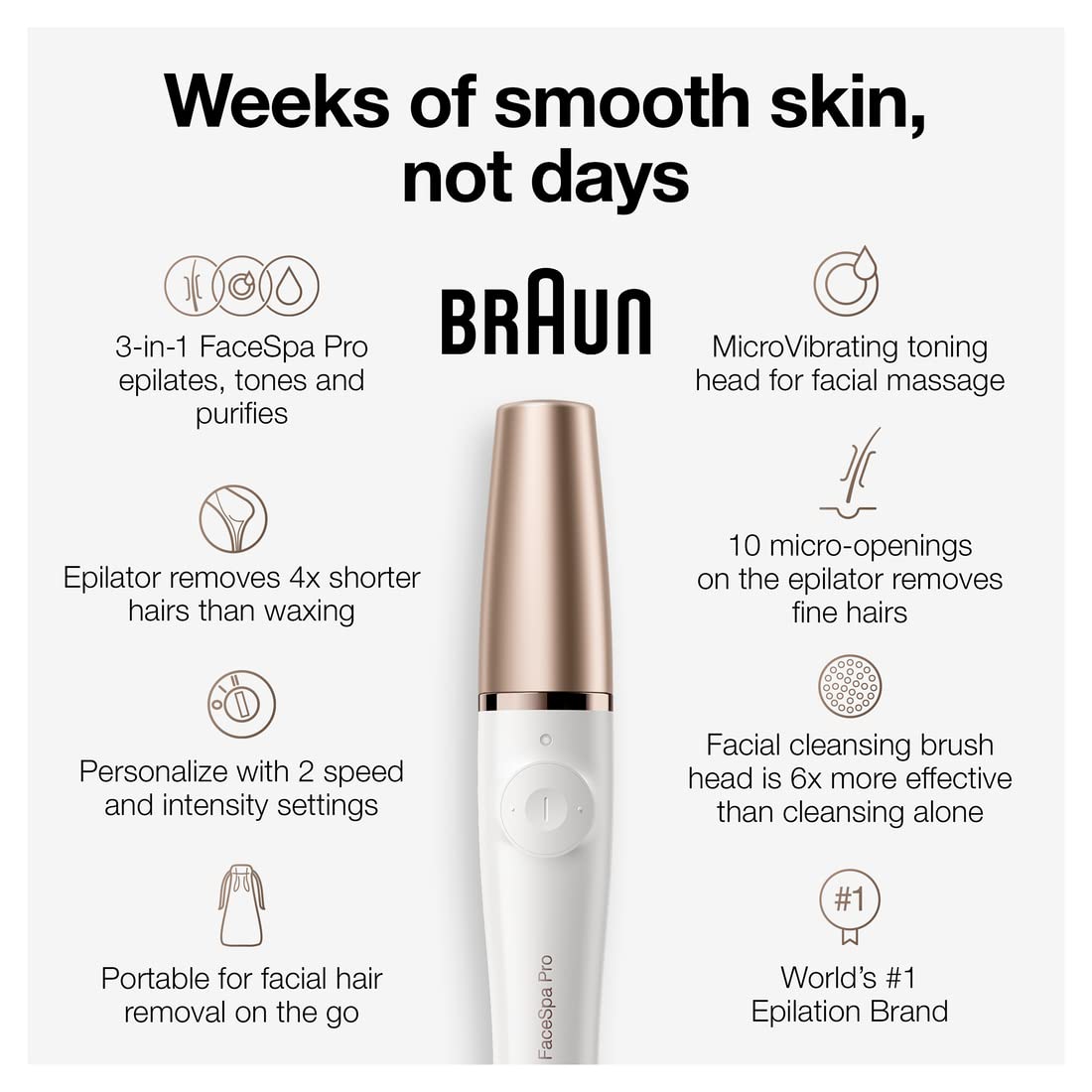 Braun FaceSpa Pro 911 toning head enhances skin appearance and texture.