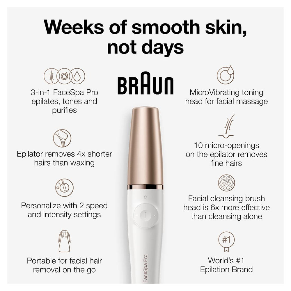 Braun FaceSpa Pro 911 toning head enhances skin appearance and texture.