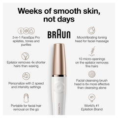 Braun FaceSpa Pro 911 toning head enhances skin appearance and texture.
