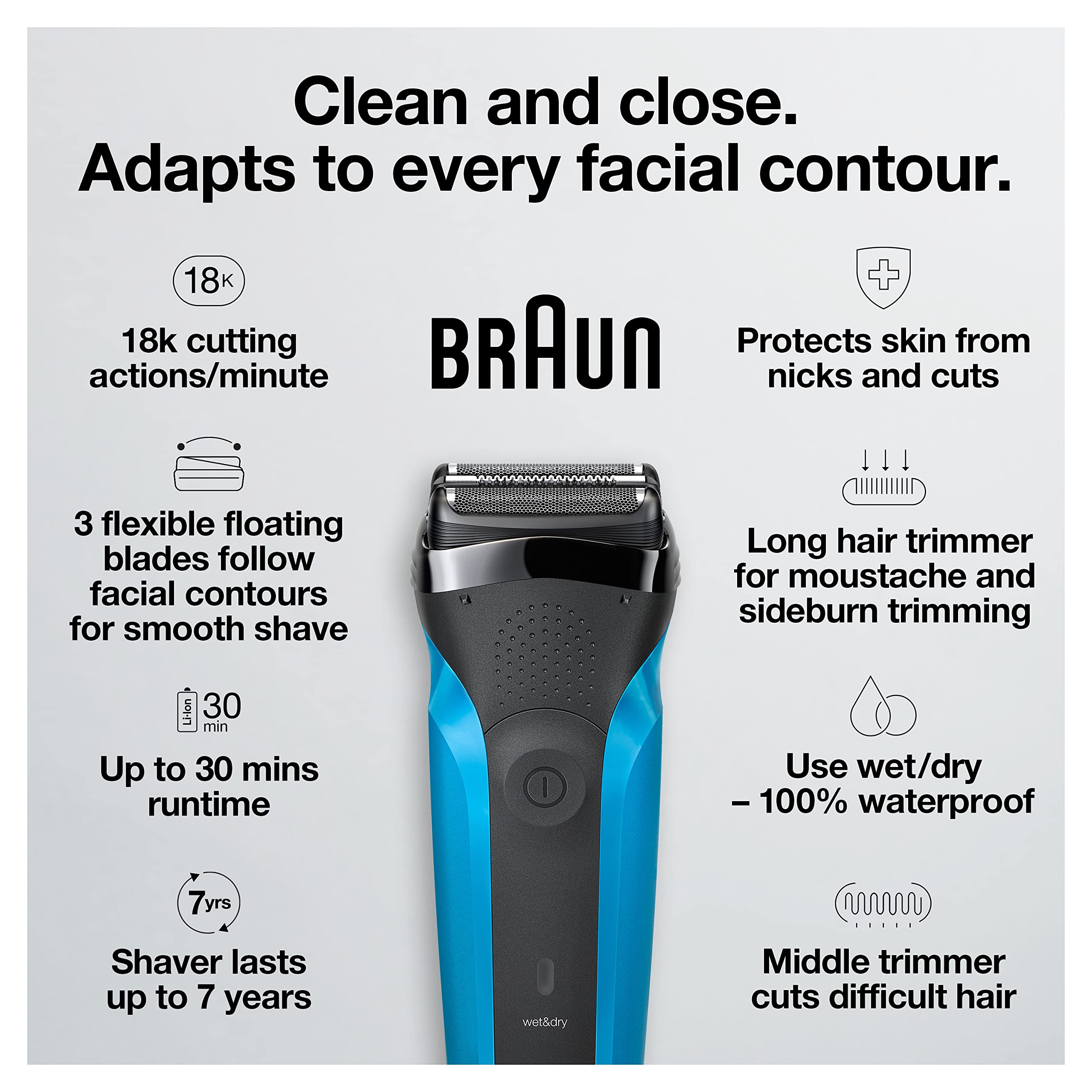 Braun Series 3 310s middle trimmer close-up trims long hairs