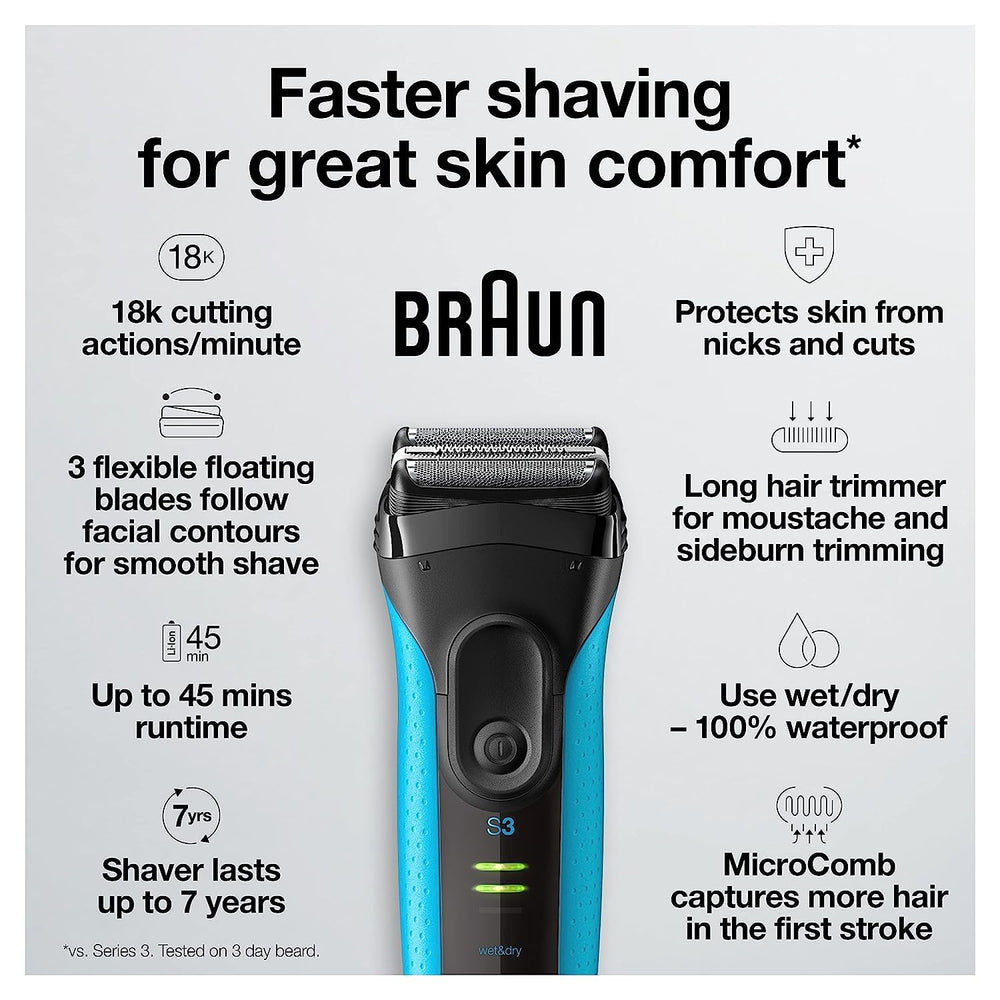 Braun Series 3 microcomb action capturing more hair per stroke.