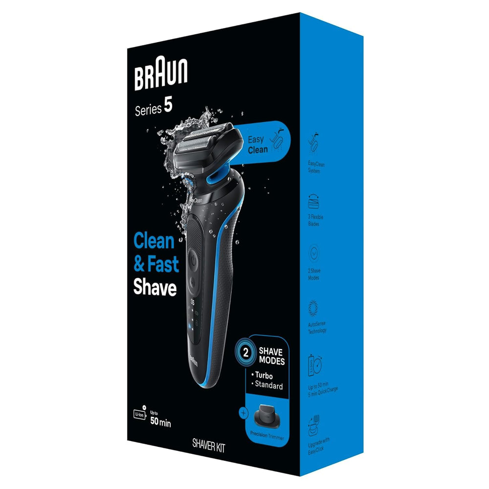 Braun Series 5 5118s box contents include shaver, brush, and trimmer.