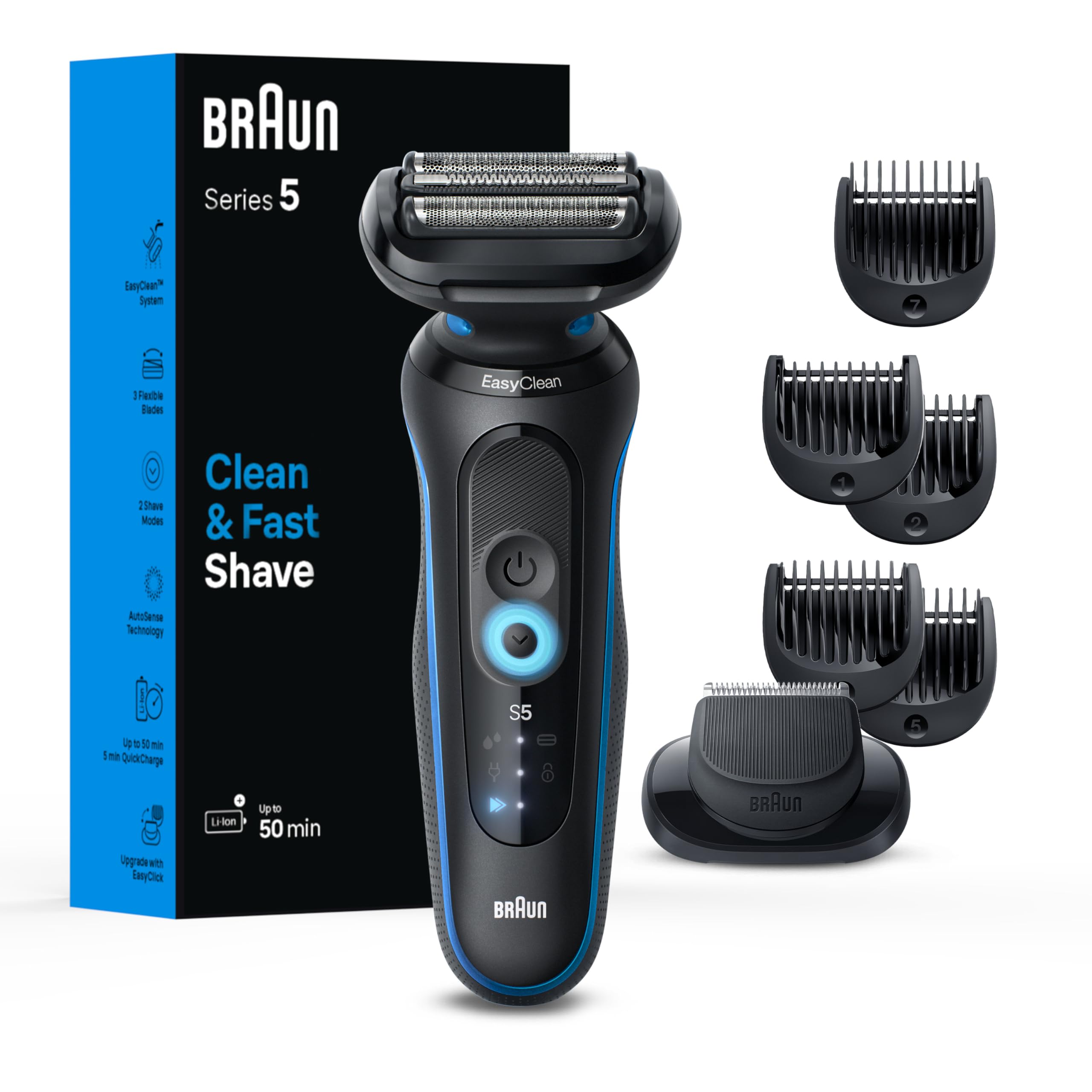 Braun Series 5 5120s shaver blue front view for precise contouring and comfort.