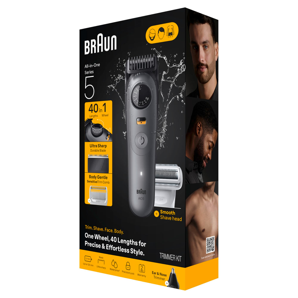 Braun Series 5 all-in-one grooming kit with attachments stored neatly