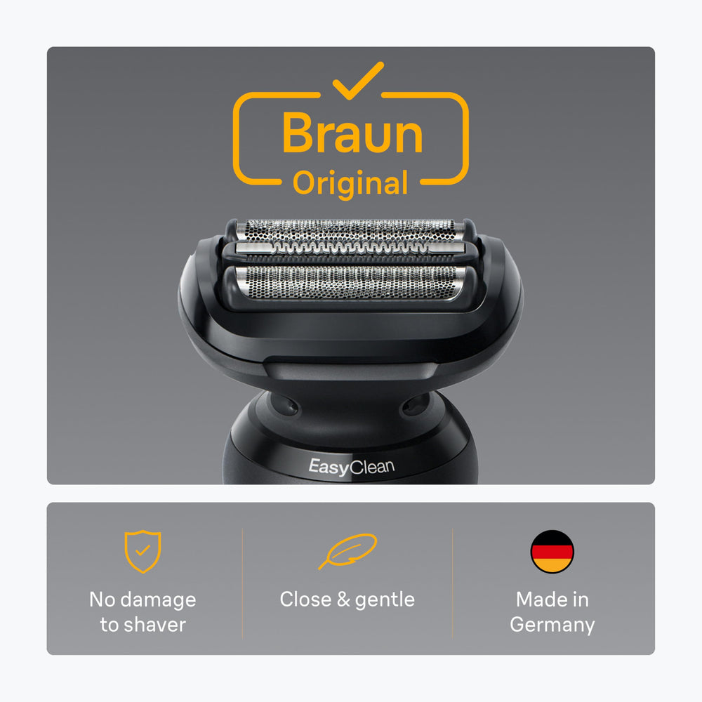 Braun Series 5 replacement head close-up, highlighting foil protection and blade alignment