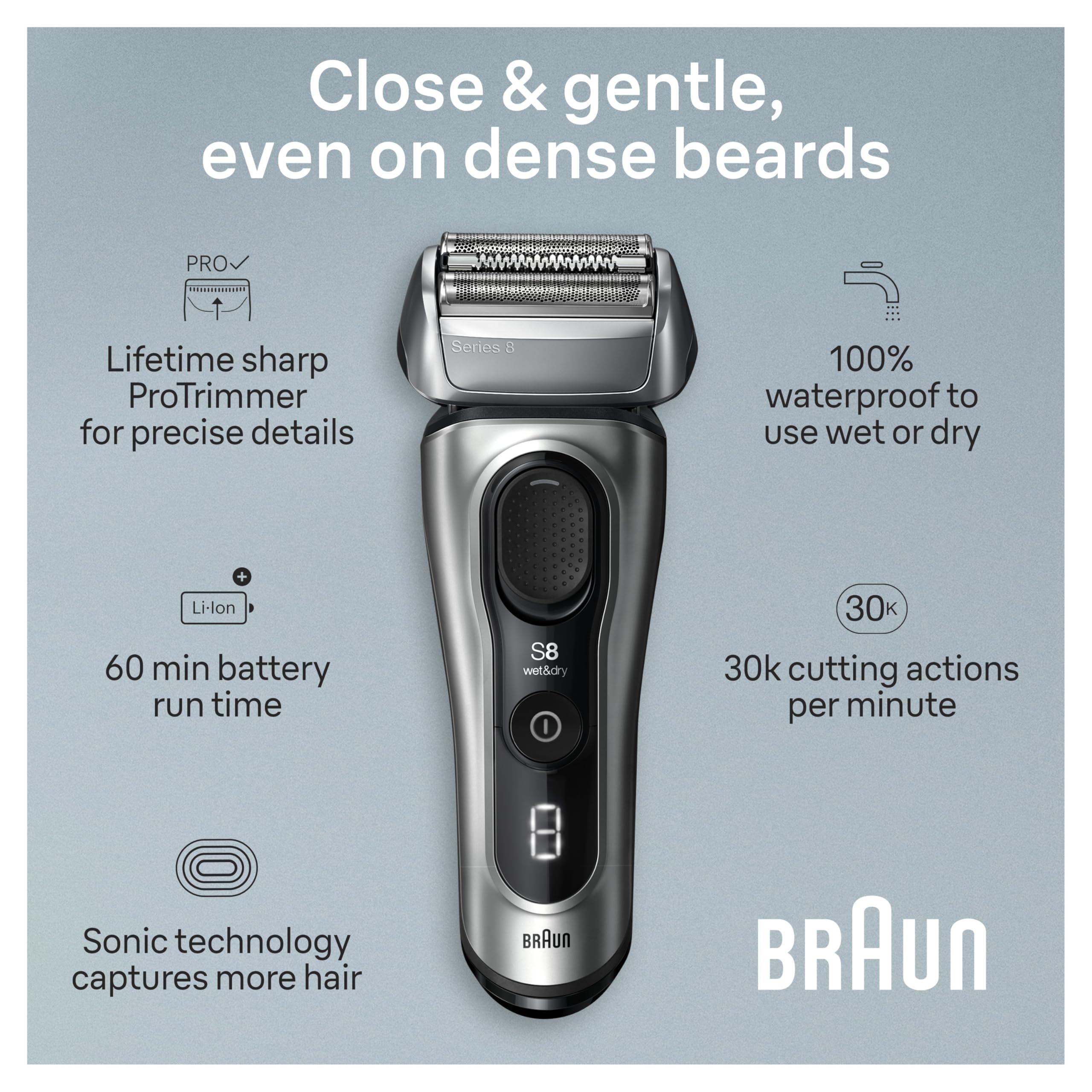 Braun Series 8 8517s AutoSense adapts to beard density for smoother performance.