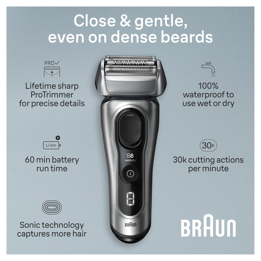 Braun Series 8 8517s AutoSense adapts to beard density for smoother performance.