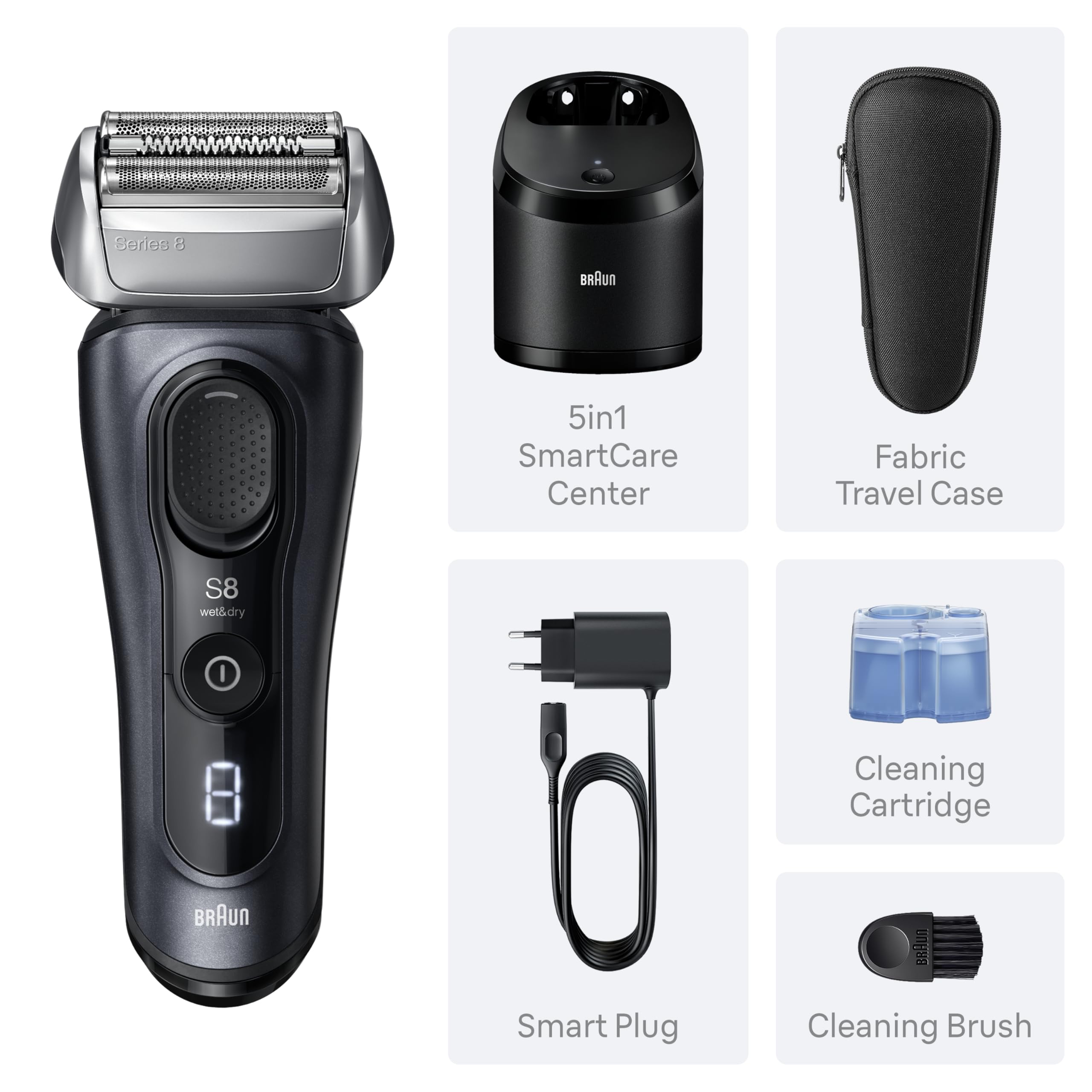 Braun Series 8 8560cc handling a dense beard with gentle precision.