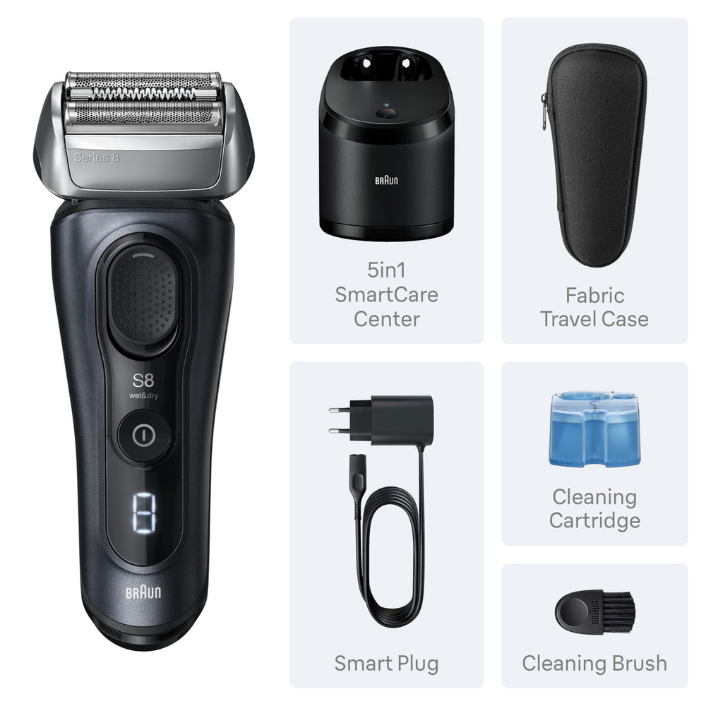 Braun Series 8 8560cc handling a dense beard with gentle precision.