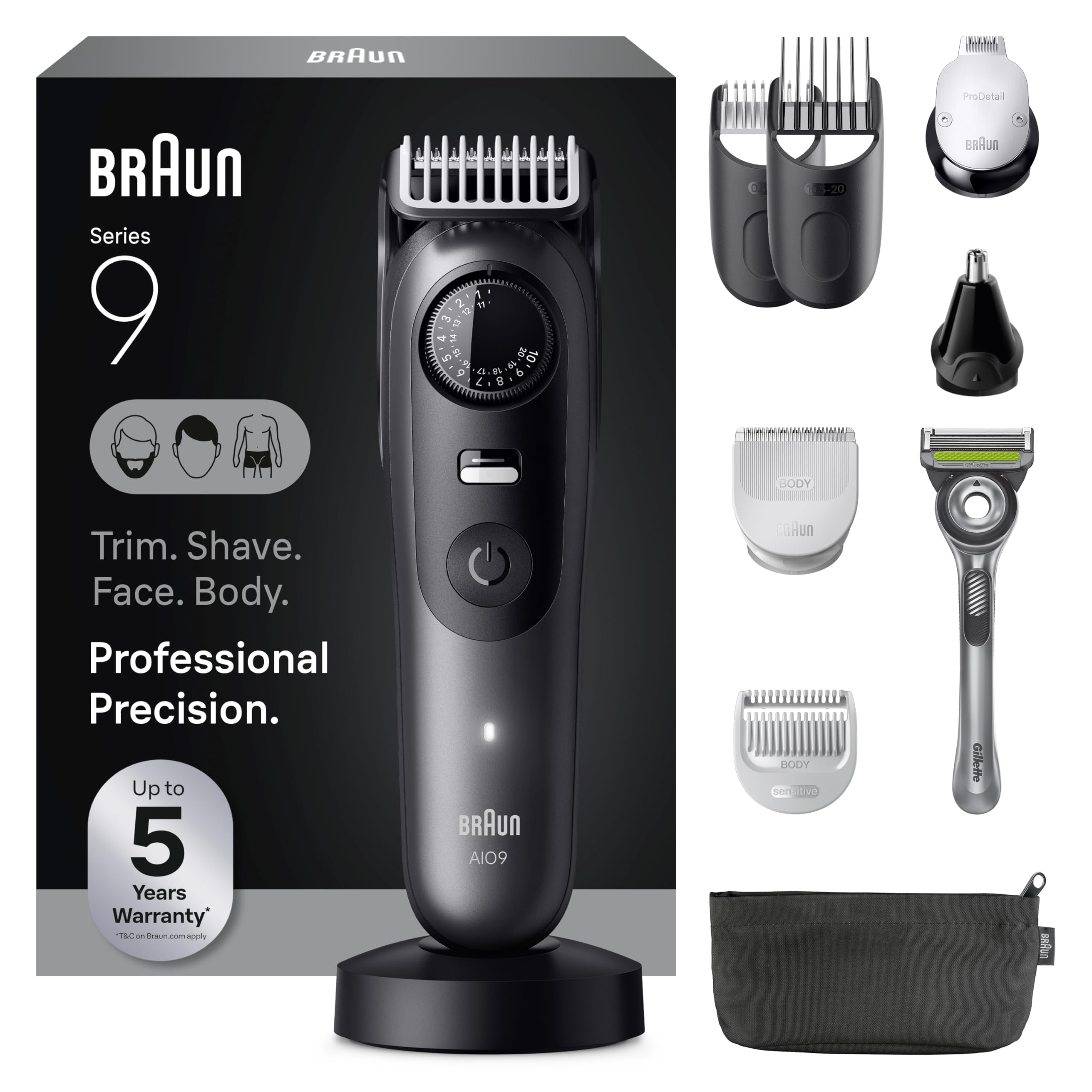 Braun Series 9 Pro trimmer close-up for precise beard shaping and clean lines.