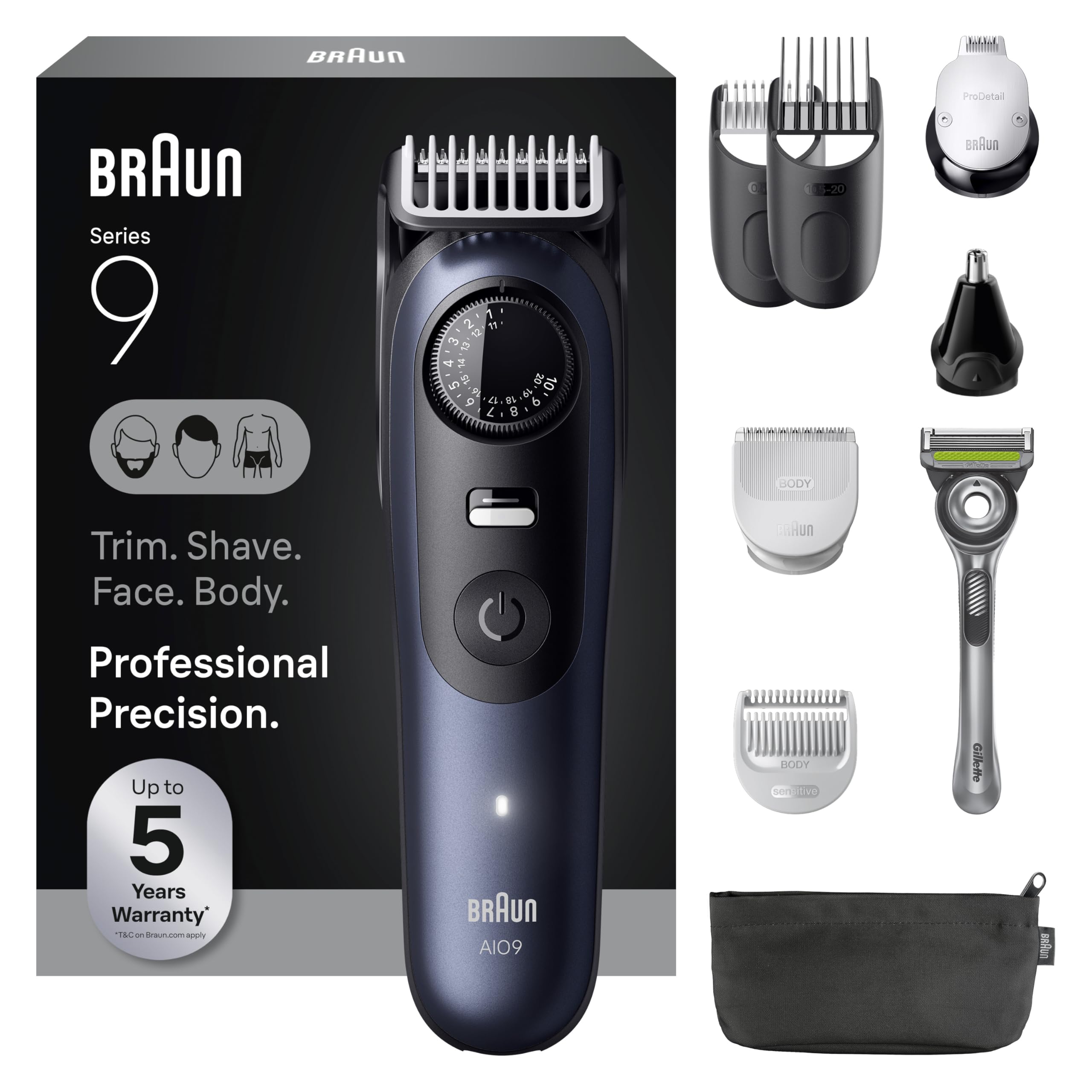 Braun Series 9 Pro trimmer close-up for precise beard shaping and edge definition.