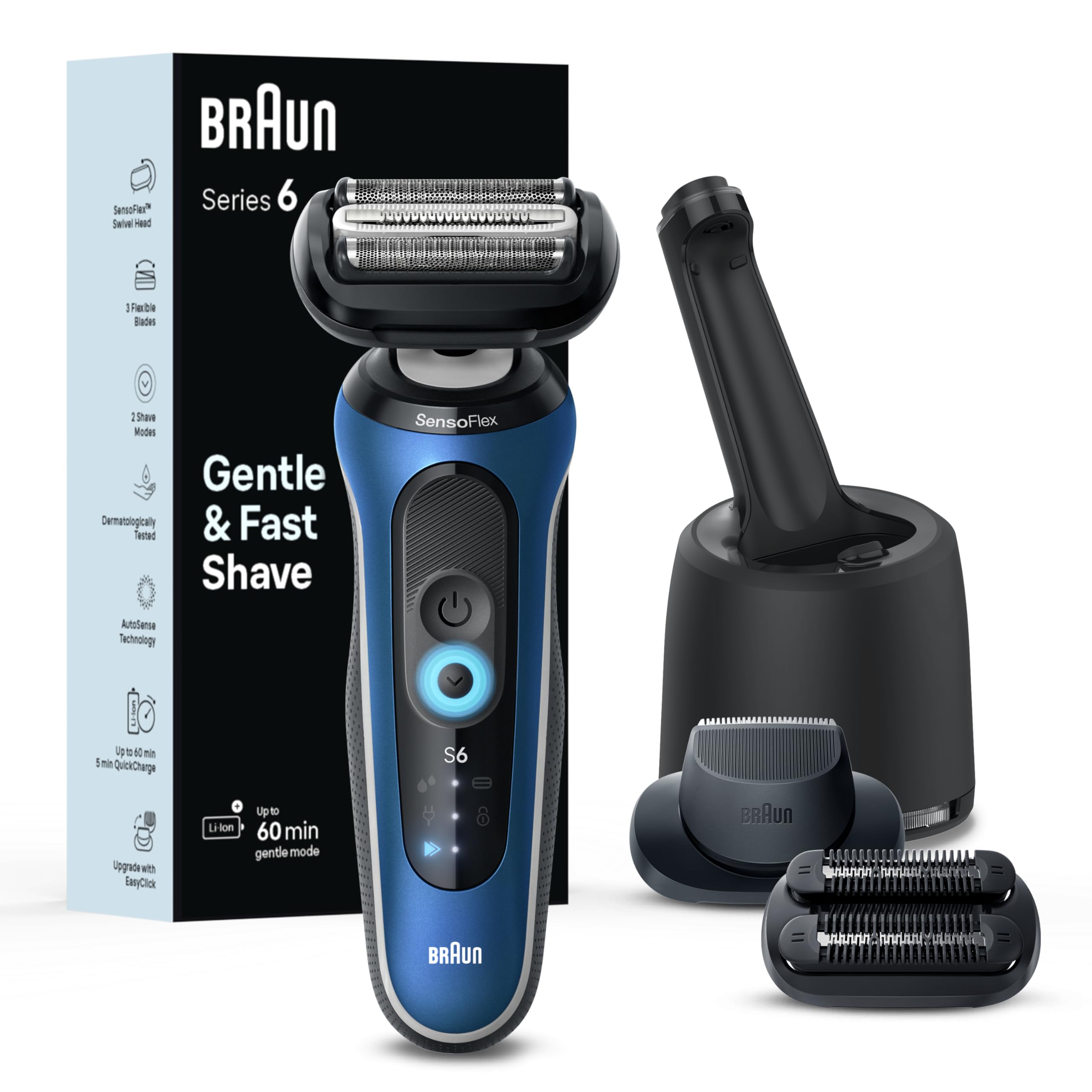 Braun Series 6 6177cc shaver head closeup highlighting a gentle, skin-friendly shave.