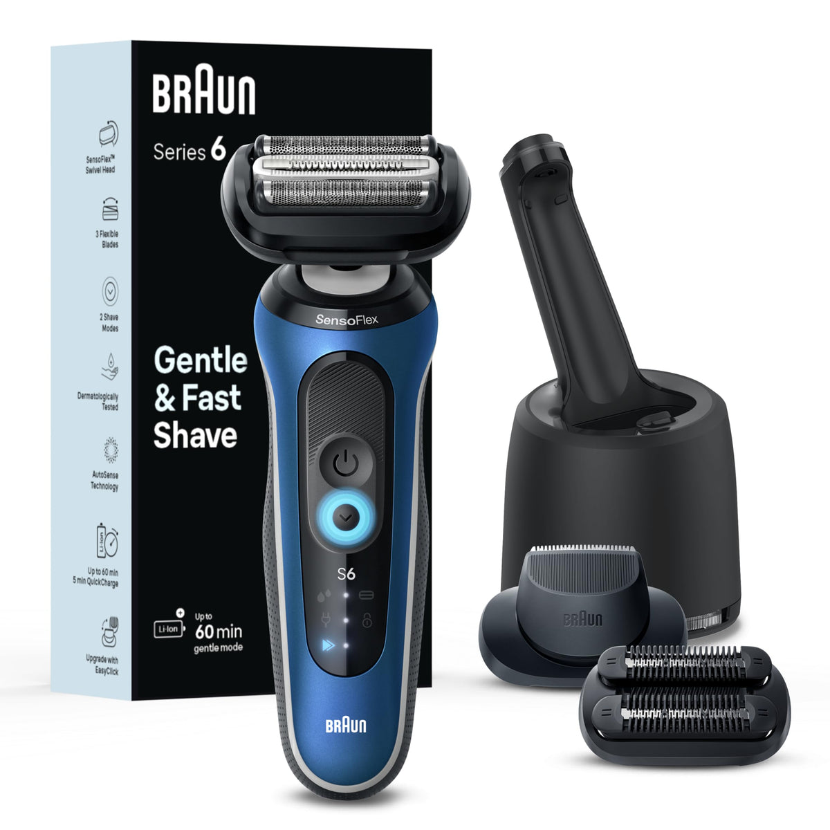 Braun Series 6 6177cc shaver head closeup highlighting a gentle, skin-friendly shave.
