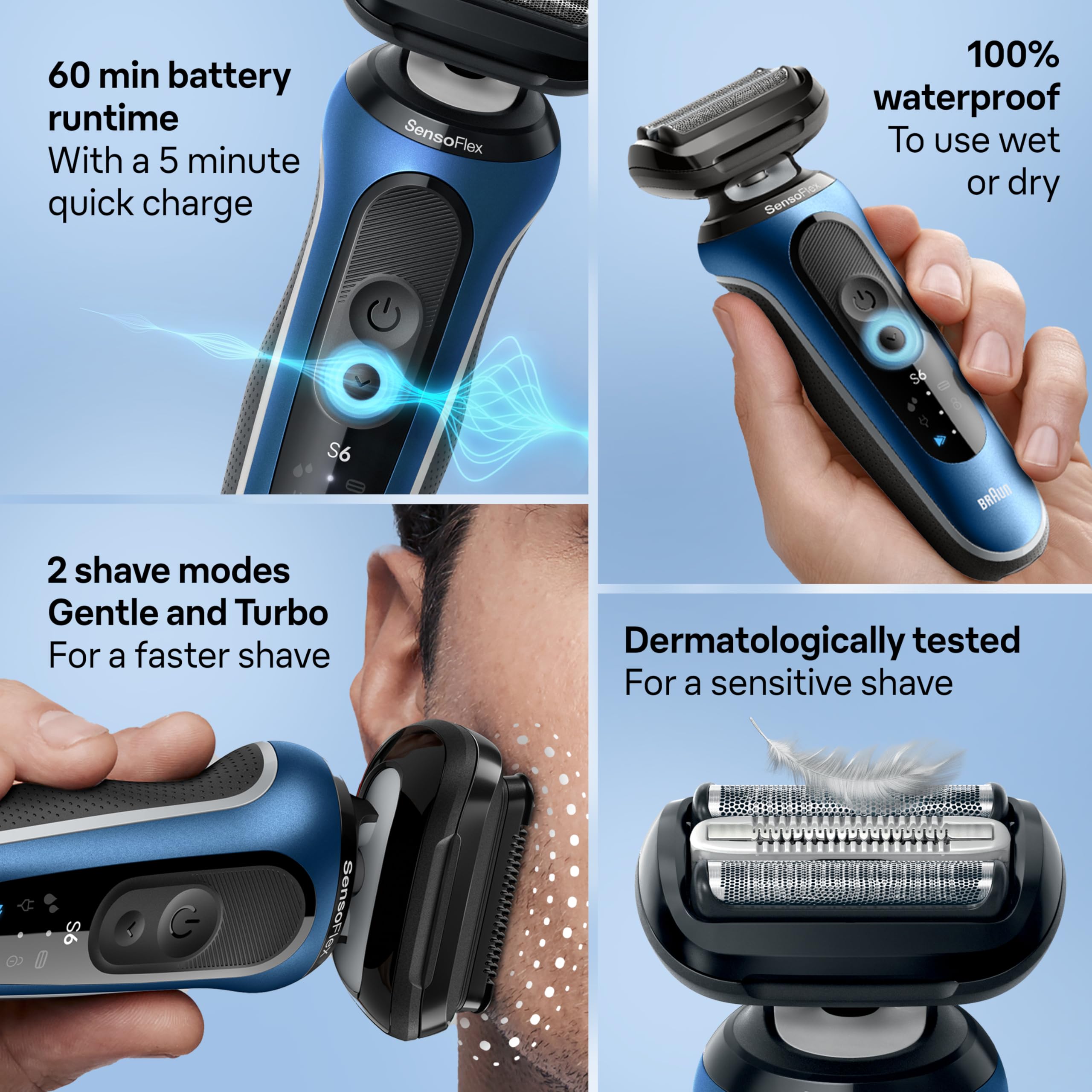 Braun Series 6 6177cc turbo mode visual showcasing fast shaving action.